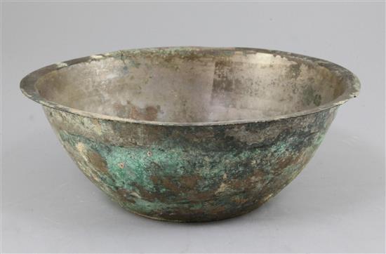 A Chinese bronze basin, Han dynasty, diameter 29.5cm, splits to rim